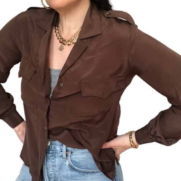 Vintage 100% Silk Button Up Safari Blouse Front Pockets Carole Little St Tropez - Picture 8 of 16